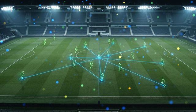 Projecting holographic tactical network over football pitch under floodlights ai analytics