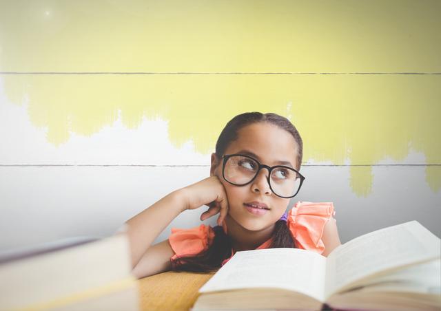 Digital composite of Young girl with glasses and books against painted background