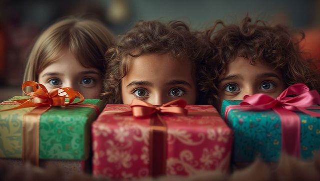 Children joyfully anticipating gifts with colorful wrapping in cozy room