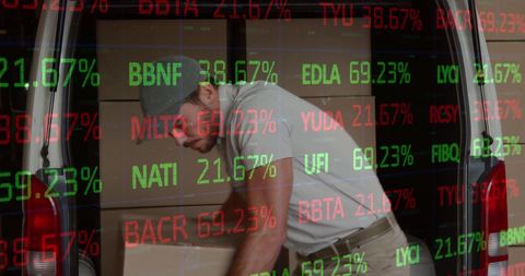 Financial Stock Symbols Overlay on Busy Delivery Man Loading Boxes