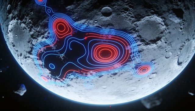 Displaying neon contour heatmap over cratered moon surface with floating asteroids