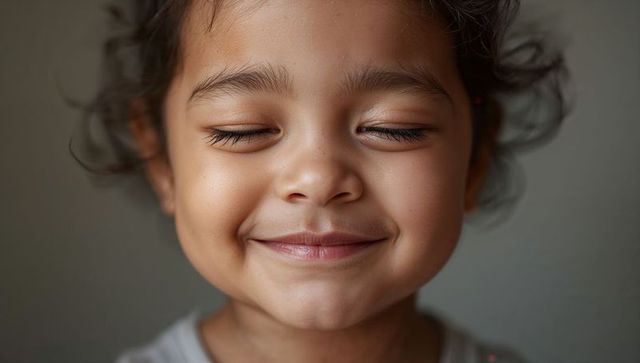 Smiling toddler with eyes closed closeup portrait capturing serene joy and innocence