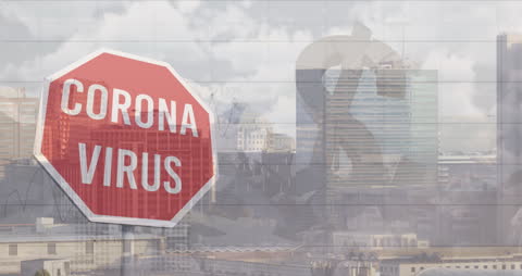 Covid-19 Impact Symbolized by Red Sign and Dollar Overlaying Cityscape