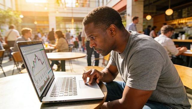 Trader monitoring laptop stock charts in bustling cafe receiving price alerts and market signals