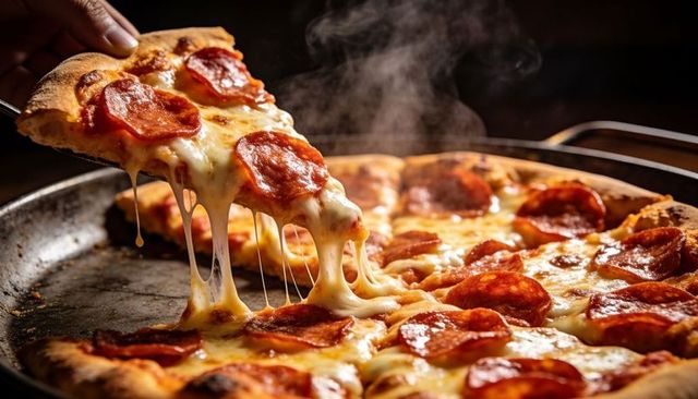 Melting mozzarella pepperoni pizza slice being lifted with dramatic cheese pull from pan
