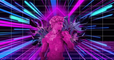 Vibrant Neon Classical Statue in Digital Vaporwave Grid - Download Free Stock Images Pikwizard.com