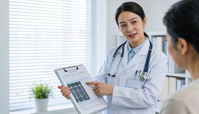 Asian female doctor explaining brain mri results to patient in bright clinic