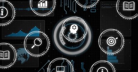 Displaying futuristic hud dashboard with ai brain icon and data analytics visualization