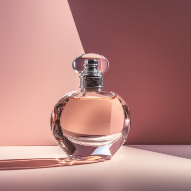 Curved glass perfume bottle in daylight against pink wall, created using generative ai technology. Scent, fragrances and luxury goods concept digitally generated image.