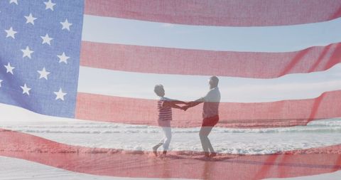Senior Couple Holding Hands on Beach with American Flag Overlay - Download Free Stock Images Pikwizard.com