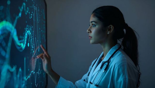 Female doctor examining ecg data on interactive touchscreen display for clinical analytics
