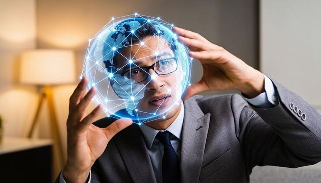 Businessman holding holographic global network globe, visualizing future technology