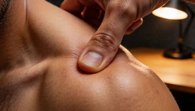 Thumb pressing into bare shoulder muscle relieving tension closeup massage therapy at home