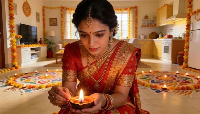 Indian woman lighting diya in red saree during diwali with rangoli and marigold garlands