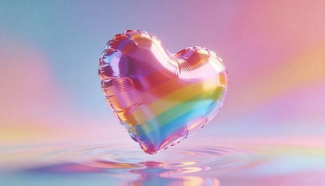 Floating rainbow foil heart balloon over pastel rippled surface iridescent metallic glow
