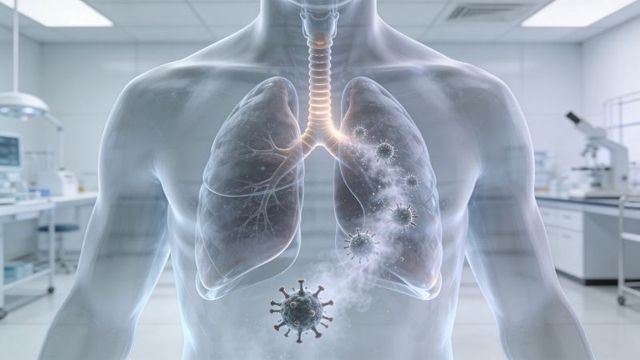 Translucent torso showing viral particles invading lungs and trachea in laboratory