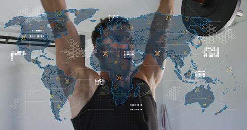 Man pressing barbell overhead training with digital world map hud in home gym