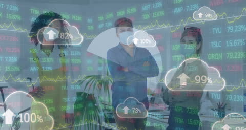 Overlay of Digital Data Charts on Diverse Business Team in Office