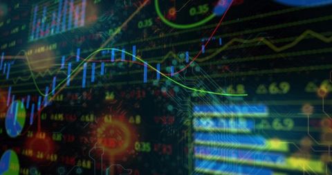 Neon finance dashboard streaming real-time candlestick and trend line market visualization