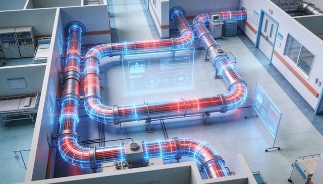 Holographic pipeline diagnostics showing real-time conduit flow in medical bay
