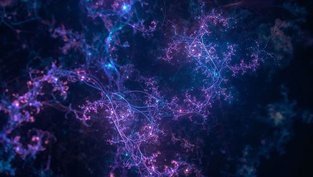 Bioluminescent neural nebula weaving neon filaments and pulsing luminous nodes