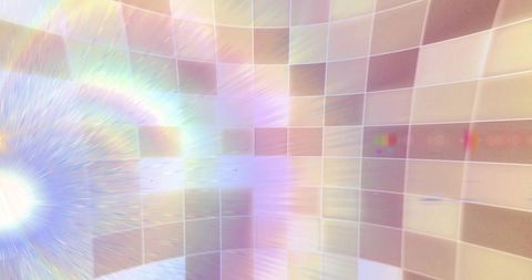 Curving iridescent tiled wall emitting radiant light burst and prismatic streaks