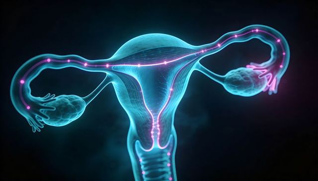 Glowing reproductive system 3d illustration showing uterus fallopian tubes and ovaries
