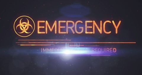 Displaying emergency alert with glowing biohazard symbol and futuristic hud