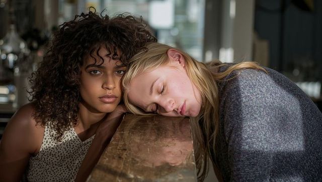 Two women leaning on worn wood cafe counter sharing quiet companionship and contemplation