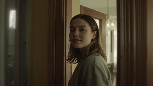 Young woman standing in doorway turning to camera minimalist interior soft natural light