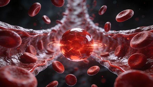 Glowing nanoparticle navigating bloodstream among red blood cells for nanomedicine concept