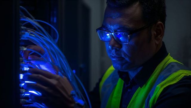 Network engineer inspecting fiber optic patch panel with blue led glow in data center