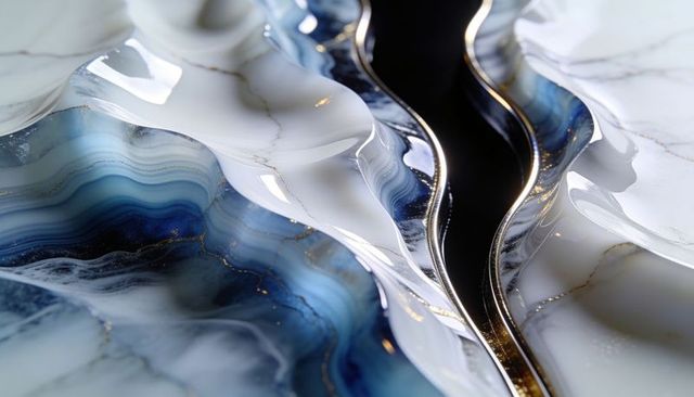 Luminous blue agate resin art with gold veins, glossy layered macro texture