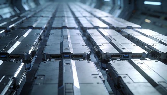 Futuristic modular storage units sliding on rails in high-density data center rack