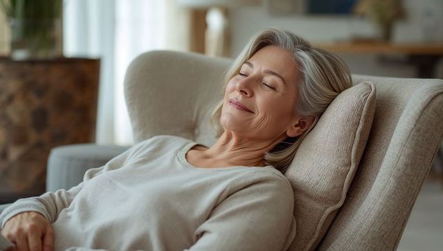 Reclining senior woman smiling and resting on cozy armchair for calm wellness lifestyle