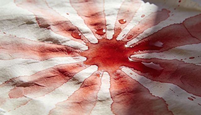 Spreading red liquid on textured paper forming radial stain and dramatic wet blot pattern