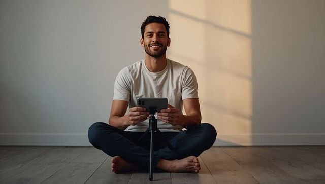 Young man recording with smartphone tripod on sunlit minimalist wooden floor