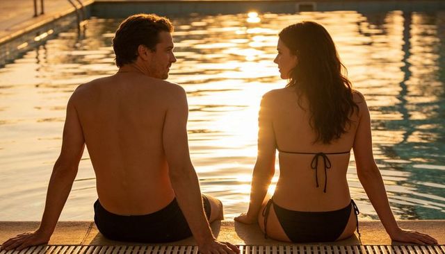 Couple sitting and watching sunset by pool at dusk with golden water reflections