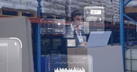 Digital interface in warehouse with caucasian woman analyzing data
