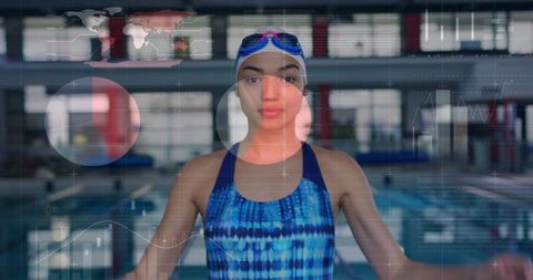 Female Swimmer Preparing for Race with HUD Performance Data Overlay in Indoor Pool