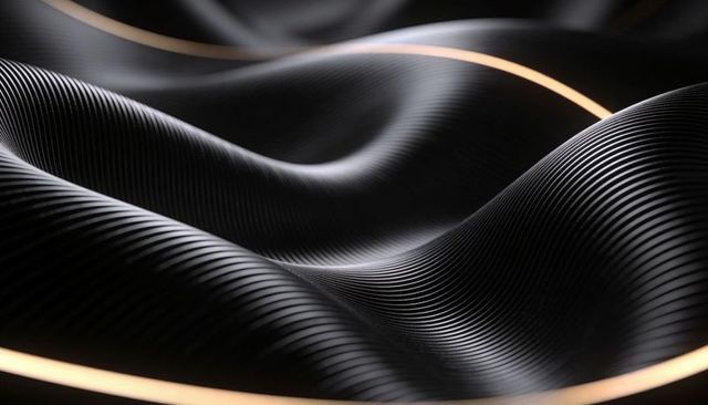 Dark Ribbed Waves with Gold Arcs, Metallic Futuristic Texture for Luxury Tech Background
