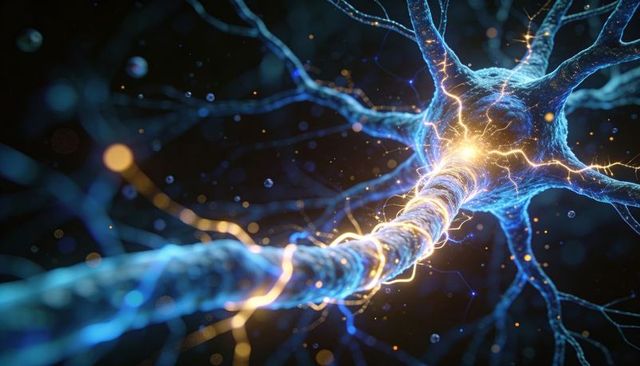 Neuron transmitting electrical impulses along myelinated axon glowing blue and gold