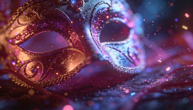 Glittering venetian masquerade mask on iridescent fabric with bokeh lights and opulent detail