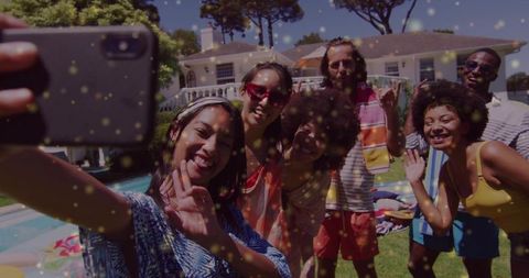 Joyful Friends Taking Selfie at Backyard Pool Party Celebration
