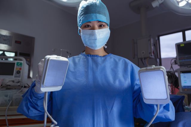 Front view of female surgeon standing with defibrillator in operation room at the hospital