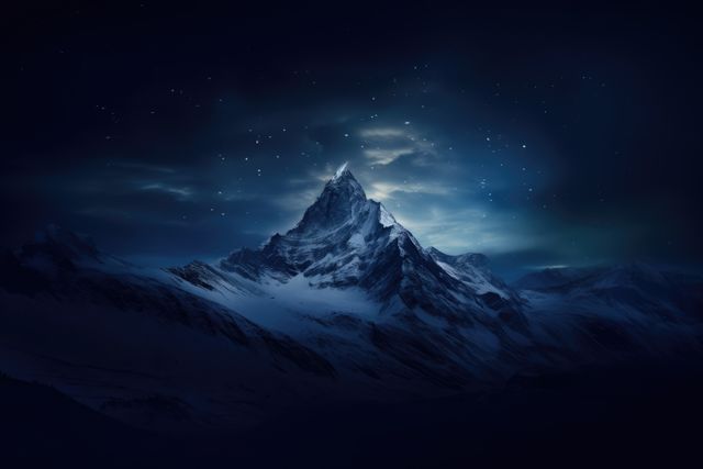 Capturing atmospheric scene of a majestic mountain peak surrounded by a starry night sky. Perfect for nature, adventure, and travel-related uses, conveying serenity, wilderness, and the vastness of the natural world.