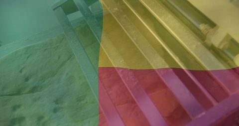 Industrial metal bench on concrete floor in minimalist hall