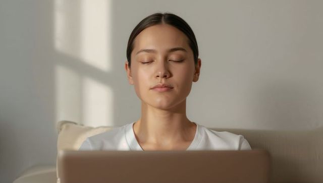 Young woman practicing mindfulness during laptop break at home with natural light