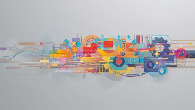 Vibrant abstract tech landscape showing gears, circuits, nodes and data flow on gray canvas