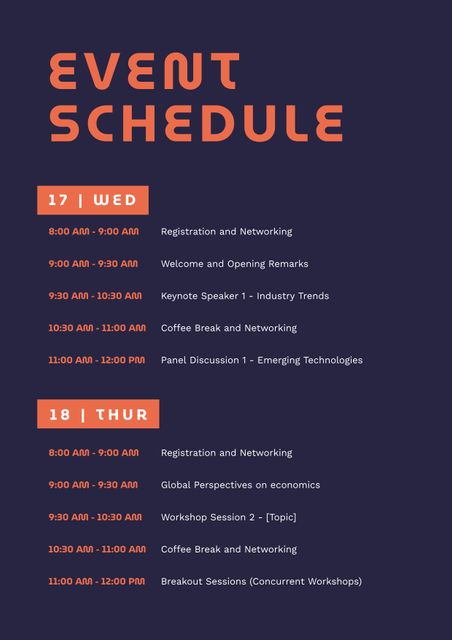 Event schedule showcasing a clear and organized layout on a dark background. Suitable for promoting conferences, professional gatherings, seminars, and workshops, providing details on registrations, opening remarks, keynote speakers, panel discussions, and break sessions.